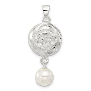 Kazi Luxury Silver Polished Textured Domed Flower with Dangle Pearl Pendant